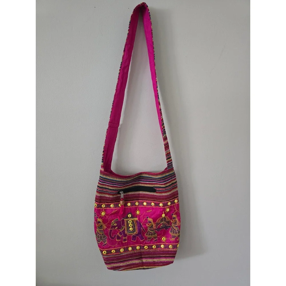 Pink 100% cotton embroidered elephant boho crossbody bag